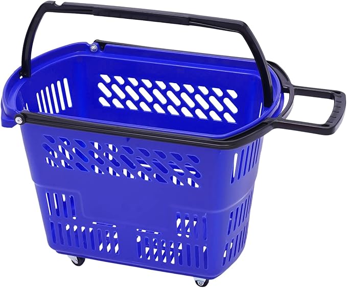 12PCS Plastic Shopping Basket with Handles & Wheels, 35L Rolling Shopping Carts, Grocery Basket with 4 Wheels and Handle, Portable Shopping Baskets for Retail Stores, Supermarkets (12PCS - Blue)