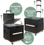 Inspired Living Collapsible Folding Utility Cart, Heavy-Duty Rolling Crate with 360° Wheels, Telescoping Handle, Hidden Lid, Holds 200 Lbs, Black