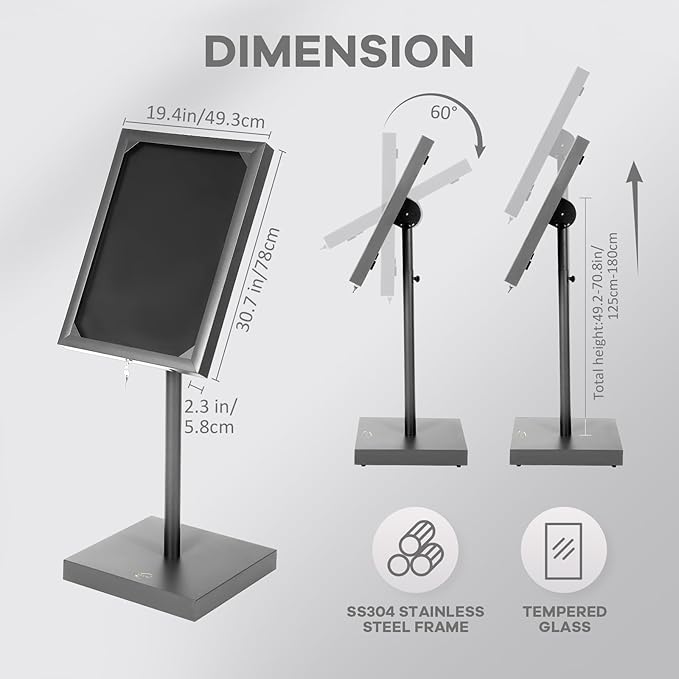 Vaste Large Steel Menu Displays Adjustable Floor Standing Holder Advertising Display with Cover Heavy-duty Base LED Lights Locks for Shopping malls restaurants conferences exhibitions（Black）