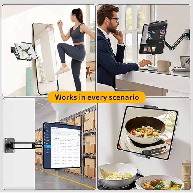 Bimo Tablet Wall Mount Holder for 4.7-15.6 inch, iPad Wall Mount Holder with Arm & Adjustable Rotating Base Compatible with iPad, Tablet Devices