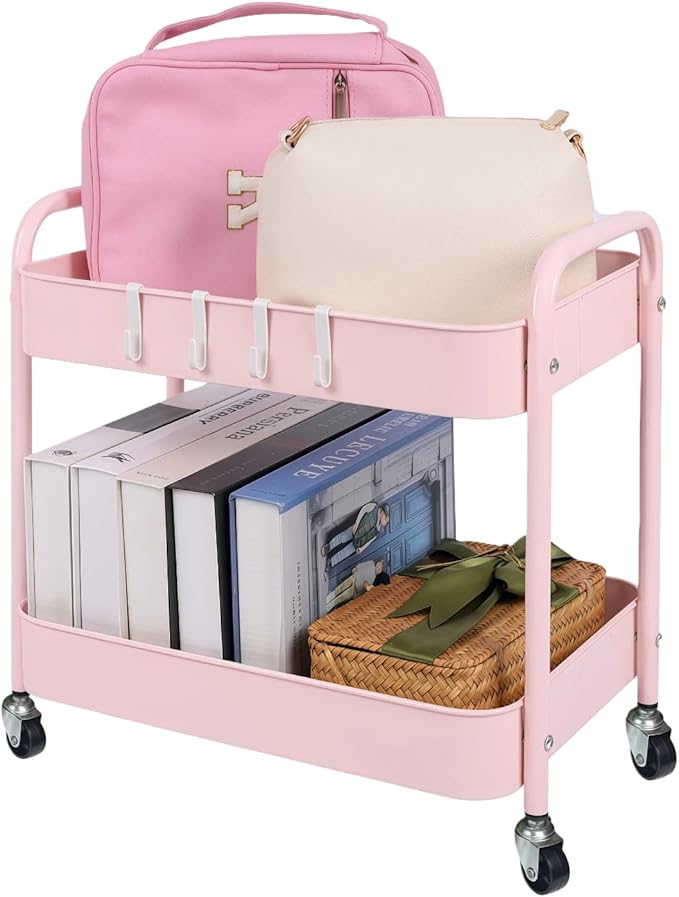 Pink 2 Tier Rolling Cart Metal with Wheels Under Desk Storage Cart for Small Space Organization, Small Trolley for Pantry Room Laundry Bathroom Kitchen Office Art Snack Baby Supplies