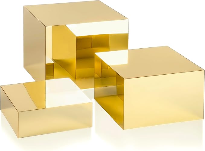Red Co. Set of 3 Glossy Gold Acrylic Cube Display Nesting Risers with Hollow Bottoms