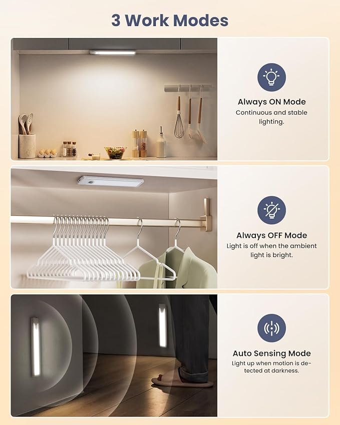 Pak 8 Inch Under Counter Cabinet Lighting, 41 LED Battery Operated Motion Sensor Light, Dimmable Closet Lights, USB Rechargeable, Wireless Magnetic Under Counter Light for Kitchen, Bathroom, 2 Packs