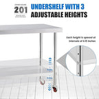 Stainless Steel Table for Prep & Work with 4 Caster Wheels with Undershelf 24 x 36 NSF Metal Commercial Kitchen Adjustable Undershelf Worktable for Restaurant Home Outdoor
