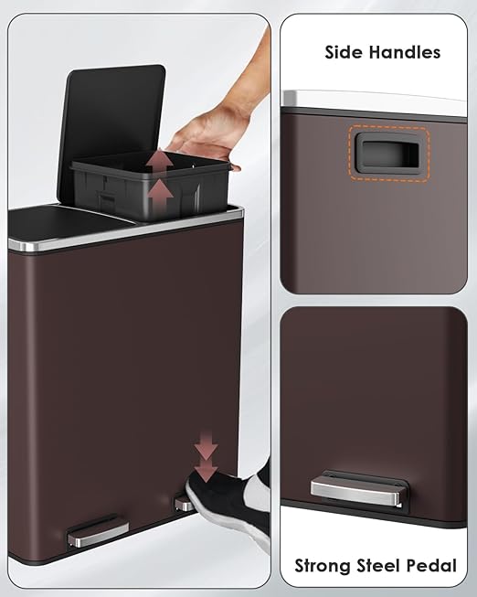 Arlopu Dual Trash Can, 2 x 8 Gallon (2 x 30 L) Hands-Free Trash and Recycle Bin Combo, Stainless Steel Kitchen Garbage Can with Soft-Close Lid, Removable Inner Buckets, Step Pedal, Airtight (Brown)