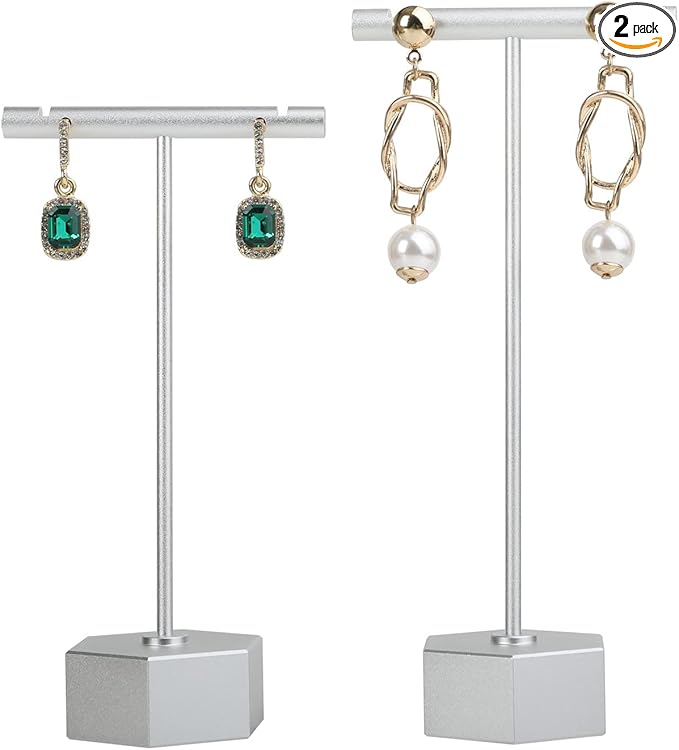 GemeShou Metal 2pcs Earring T Stand Silver Retail Display Holder for Show, White T Bar Jewelry for Online Store Photography 【Silver-Hexagon Base 2pcs Height 4.5" and 5.3"】