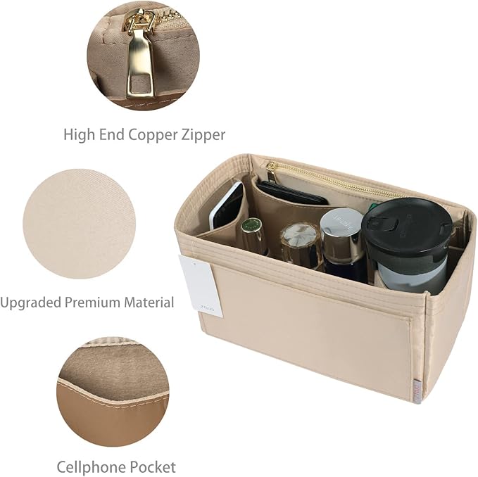 ZTUJO Purse Organizer Insert For Handbags, Silky Touching Bag Organizer Insert With Bottle Holder, Perfect for Speedy, Neverfull, Tote,ONTHEGO,Artsy,Handbag and More (Large, Silky Beige)