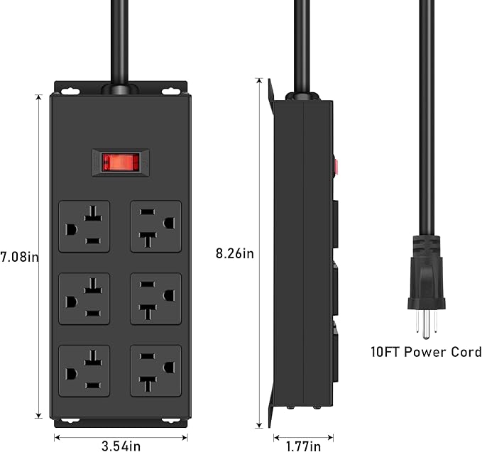 JUNNUJ 20 Amp Power Strip Heavy Duty 2 Pack, Garage 6 Outlets Metal 12 Gauge Surge Protector 3000J, High Amp 5-15P Adapter Shop 6-20R T-Slot Industrial (6AC 2-Pack, 10FT)