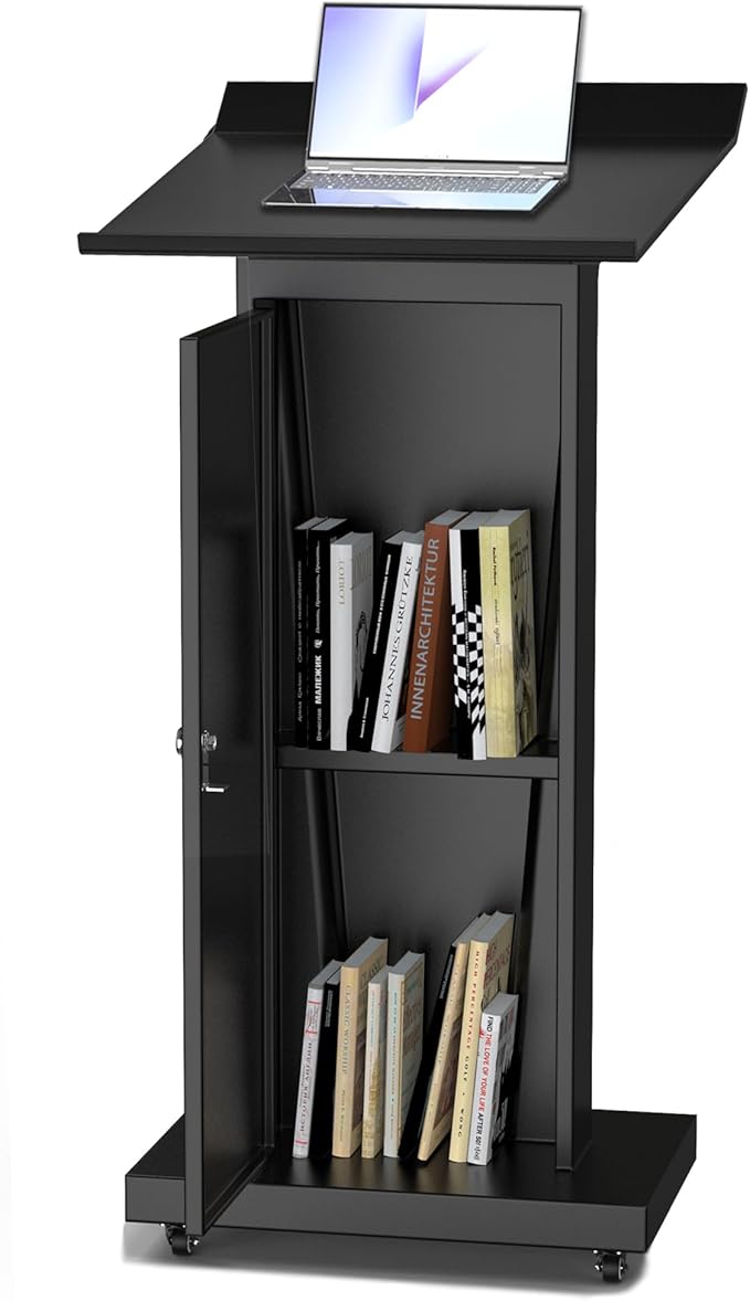 Tredre Metal Podium Stand with Wheels, Heavy-Duty Rolling Lectern for Classroom, Church & Office Presentations, Large Top, Locking Casters, Stable Base
