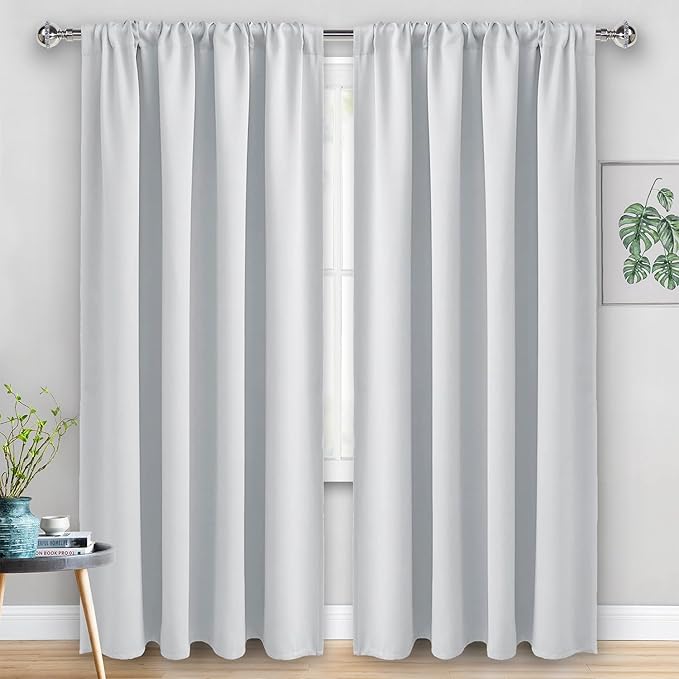JIUZHEN Room Darkening Curtains - Thermal Insulated Window Curtains, Rod Pocket Curtains for Bedroom Living Room Office, Blackout Curtain 2 Panels with Tiebacks, 70 x 96 Inch, Greyish White