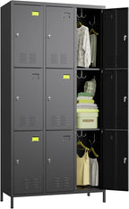 Aobabo New 9 Doors Metal Storage Locker for Employees, Lockable Steel Locker with Name Card Slot and 27 Hooks for School Office Gym Garage, Black, Assembly Required