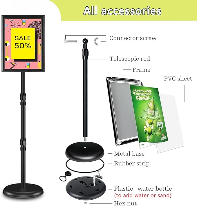 Adjustable Sign Holder Stand 8.5x11 inch, Floor Standing Sign Holder, 360° Rotation, Signage Stand with Snap-Open Frame Display, Outdoor Indoor Standing Display Sign Holders for advertising