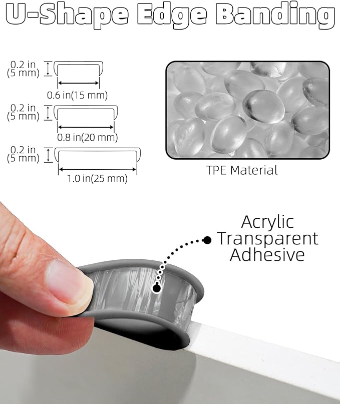 U-Shape Gray TPE Edge Banding 16.4Ft Self-Adhesive Flexible Edge Trim, Furniture Edge Protector & Countertop Molding (W:0.6'' H:0.2'')