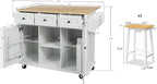 Yayzy Rolling Kitchen Island with 2 Bar Stools, Drop Leaf, Cabinet Door Storage Racks & 3 Drawers, Mobile Kitchen Cart with Rubberwood Top & Locking Wheels for Dining Room & Kitchen, 53-Inch, White