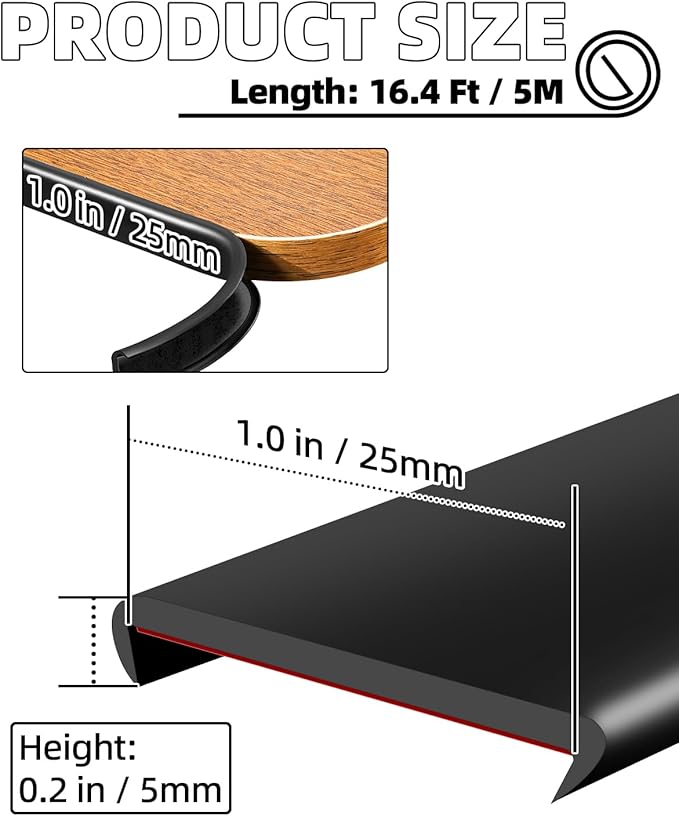 U-Shape Black TPE Edge Banding 16.4Ft Self-Adhesive Flexible Edge Trim, Furniture Edge Protector & Countertop Molding (W:1.0'' H:0.2'')