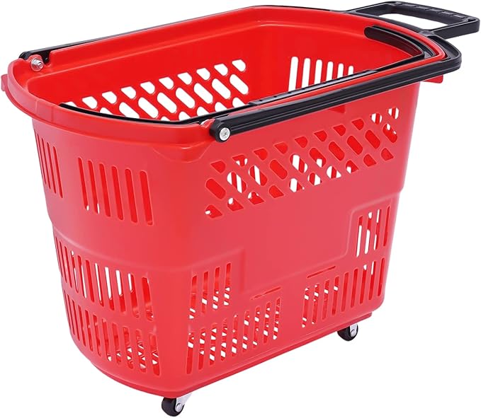12PCS Plastic Shopping Basket with Handles & Wheels, 35L Rolling Shopping Carts, Grocery Basket with 4 Wheels and Handle, Portable Shopping Baskets for Retail Stores, Supermarkets (12PCS - Red)