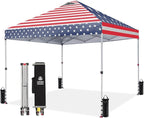 CROWN SHADES 10x10 Pop Up Canopy - Beach Tent with One Push Setup - Easy Outdoor Sun Shade for Events, Parties, Camping - Gazebo with STO-N-Go Cover Bag, Silver Coated Top, American Flag