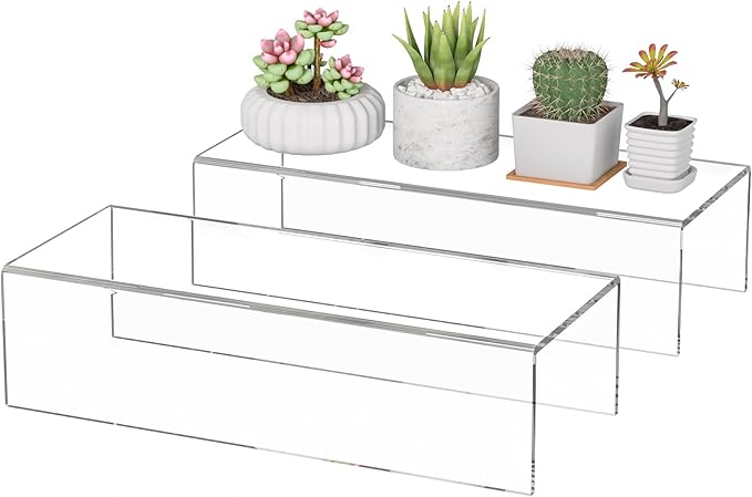 Acrylic Shelf Riser 12x4.7x3 pack of 2, Desktop Rectangular Acrylic Tray Pedestal Stand for Funko Pop Figure, Bags, 12x4.7x3 Inch