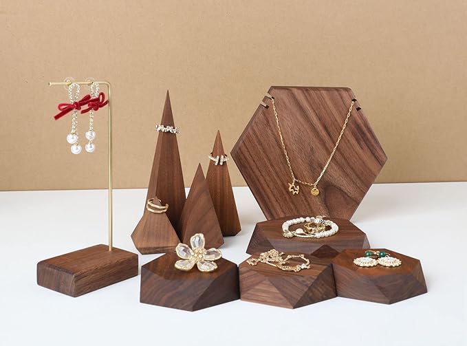 GemeShou 2pcs Wooden Jewelry display tray, Hexagon jewelry display riser, Jewelry retail shop photography props【Walnut Hexagon tray-2pcs】