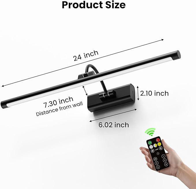 2 Pack Light for Pictures on Wall Black 8000mAh - 24" Cordless Battery Powered Wall Mount Sconce with Dimmable Remote for Oversized Artwork & Gallery
