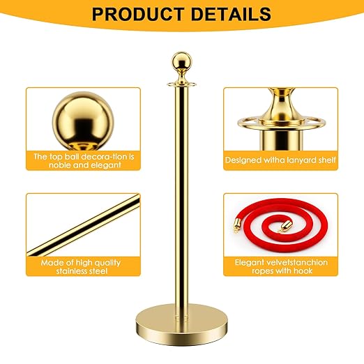 LOVMOR Stainless Steel Stanchion Post, 5 FT Red Carpet Ropes and Poles, 4 pcs Gold Stanchions with Red Rope, Hollow Base and Velvet Ropes Safety Barriers Set, Carpet Runner for Party