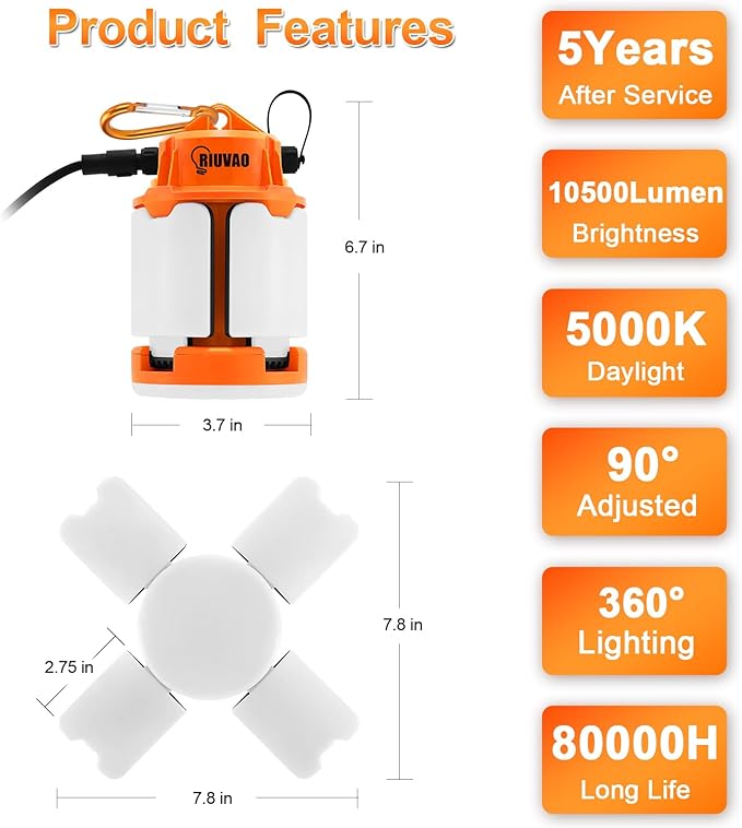 LED Temporary Work Light 70W Daylight White 5000K 10500 Lumens Construction work Light 4 Adjustable Light Panels with Hooks Portable Connectable for Workshop Mine Job Site Lighting