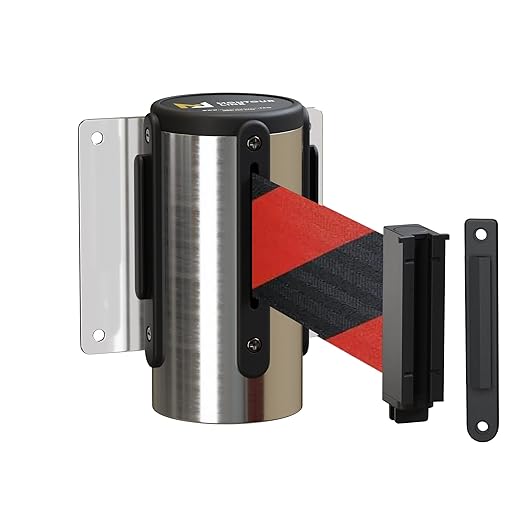 Montour Line WM115 Wall Mounted Retractable Belt Barrier with Standard Belt End, Fixed Mount, Polished Stainless Steel Casing (13 ft Black and Red Diagonal Belt)