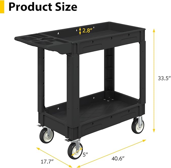 Heavy Duty Utility Rolling Tool Cart, 550 lbs Capacity Utility Service Cart with Two Trays and Wheels, 40 x 17-Inch Rolling Service Carts Huge Storage, Garage, Warehouse, Workshop, Black