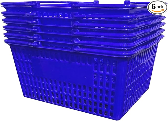 Stackable Plastic Shopping Baskets, Red and Blue, Easy-Grip Handles for Grocery, Retail, Liquor Stores, Home Use (6-pack, Blue)