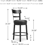 Signature Design by Ashley Valebeck Faux Leather Upholstered Swivel Barstool, Nailhead Trim, Solid Wood, 16.75" W x 19.75" D x 37.25" H, Antique Black