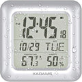 KADAMS Bathroom Clock 9.5" Kitchen Wall Clock with Large LCD Screen – Shower Clock with Suction Cup,Temperature, Humidity, Calendar – Water-Resistant, 4 Mounting Options, Silver