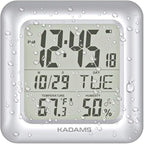 KADAMS Bathroom Clock 9.5" Kitchen Wall Clock with Large LCD Screen – Shower Clock with Suction Cup,Temperature, Humidity, Calendar – Water-Resistant, 4 Mounting Options, Silver