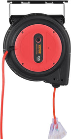 VEVOR 75FT Retractable Extension Cord Reel, 14AWG/3C SJTOW Heavy Duty Power Cord w/Lighted Electrical Triple Tap Outlets, 13A Circuit Breaker,180° Swivel Bracket for Workshop or Garage, Red