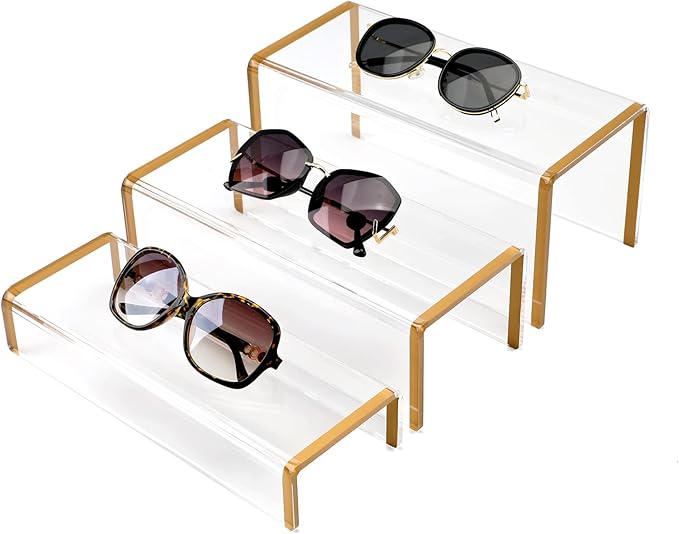 Purse Display Stand, 6mm Thick Clear Acrylic Risers Display Stands, Gold Shoe Display Riser, 3 Pack Luxury Handbag Bag Wallet Shoes Jewelry Perfume Display Showcase for Closet Retail Vendor Store