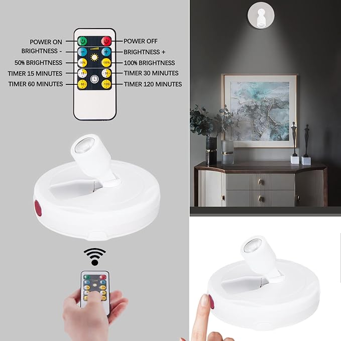 Battery Operated LED Spotlight, Picture Spot Lights, Indoor Uplighting, Puck Lights with Remote, Plants Tree Spotlight, Accent Light for Paintings Dartboard Portrait Frame-White