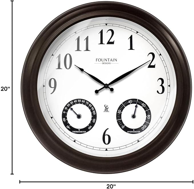 20" Evander Large Outdoor Atomic Wall Clock with Temperature & Humidity, Waterproof Outdoor Clock Thermometer Combo for Patio, Pool and Garden Decor,Oil Rubbed Bronze Black