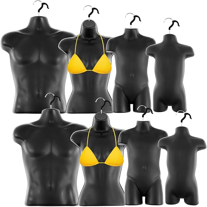 8 Pcs Black Mannequin Torso Forms, Male Female Child & Toddler Torso Hanging Mannequin Body Family Set Hollow Plastic Forms for Tshirt Display Retail Store Countertop Craft Shows Exhibitions