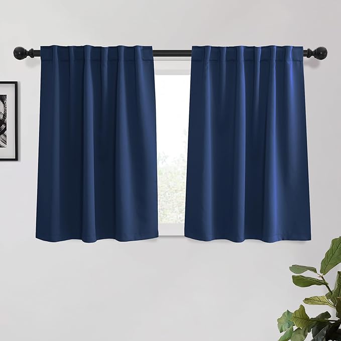 KGORGE Short Blackout Curtains 45 inch Length, Rod Pocket Privacy Room Darkening Drapes Thermal Insulation Noise Reducing Curtains for Bedroom Kitchen, W52 x L45 inches, Blue, 2 Panels