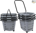 Ramddy 6-Pack 50 L Plastic Shopping Basket with Wheels and Handle, Grocery Shopping Basket, Grey