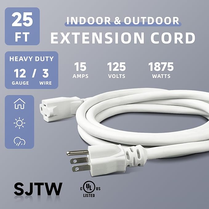 EP 25 Ft Outdoor Extension Cord, 12/3 SJTW Heavy Duty Extension Cable with 3 Prong Grounded Plug, 15 AMP Power Cord for Lawn, Garden, Appliances, White
