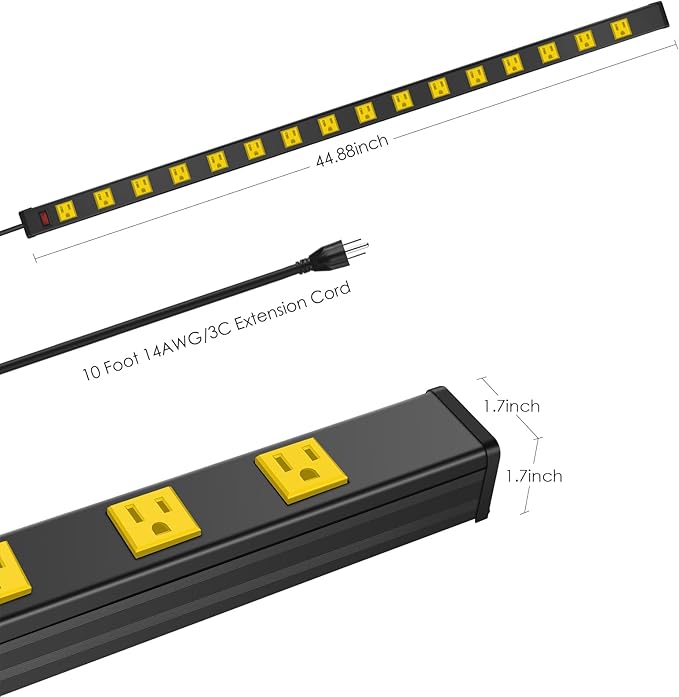 JUNNUJ Long Metal 16 Outlet Wide Spaced Garage Industrial Heavy Duty Power Strip with 10 FT Cord 15A, 125V, 1875W. Yellow