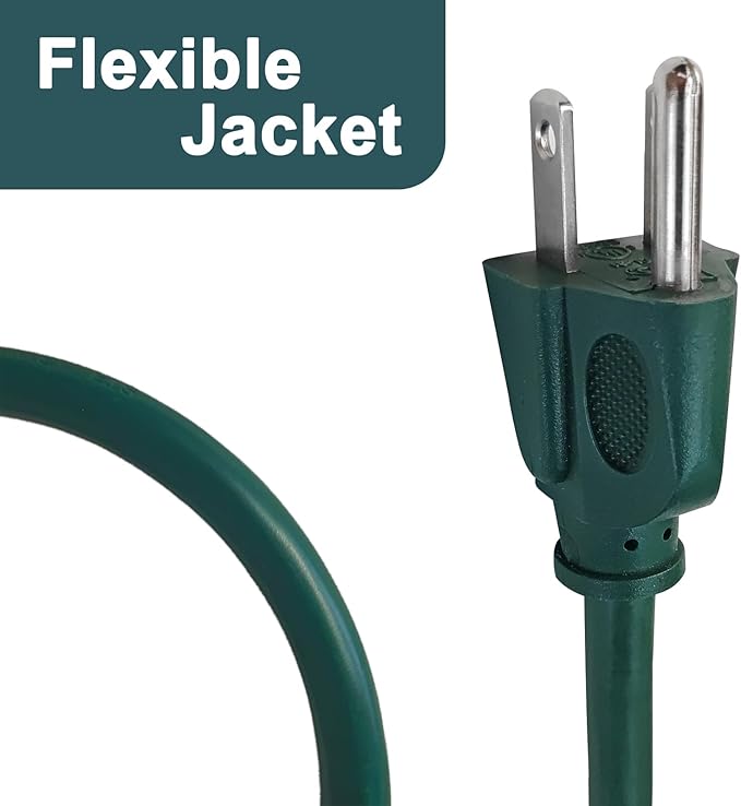 25 Ft Indoor Outdoor Green Extension Cord, 16/3 SJTW Heavy Duty Water-Resistant, 3 Prong Grounded Plug Power Cord for Home Appliance, Lights and Lawn, 13A 1625W, UL Listed