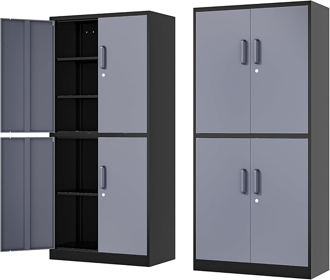 71” Metal Storage Cabinet-Lockable File Garage Tool Cabinets with Doors and Shelves- Gray&Black Steel Cabinet for Garage-Heavy Duty File Storage for Home, Office, Gym, Kitchen, School