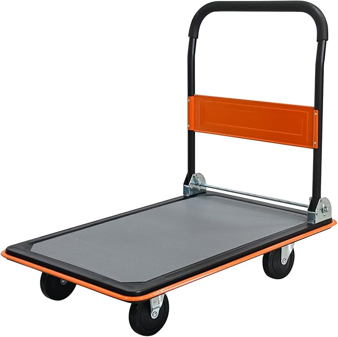 660lbs Large Size Heavy Duty Orange Flatbed Cart, Folding Steel Platform Hand Truck with 360° Silent Swivel Wheels, Utility Dolly for Storage & Moving