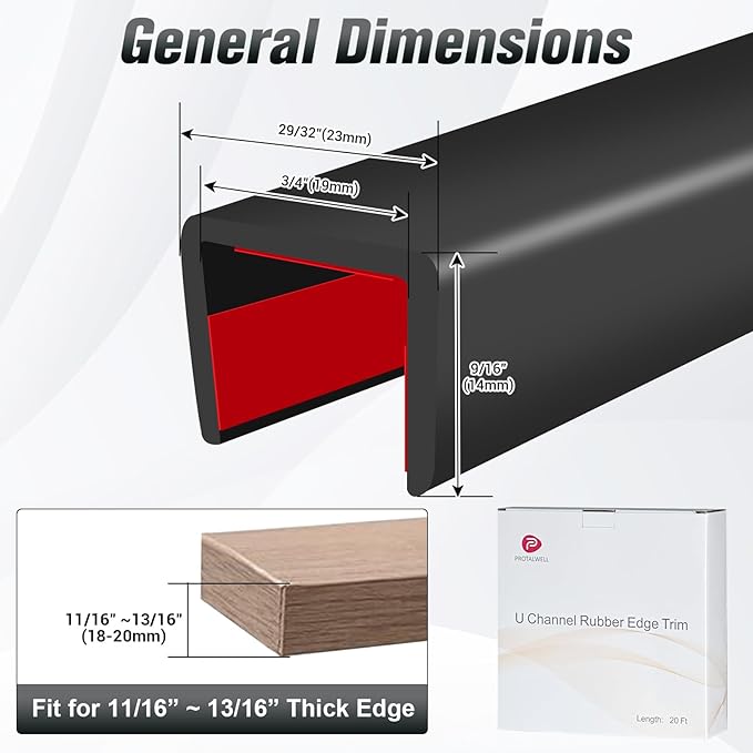 Rubber Edge Trim, Self Adhesive U Channel Edge Trim, Big Size U Shaped Trim, Edge Banding for Plywood, Woods, Shelf, Cabinet, Countertop, Size 3/4", Length 20Ft, Black