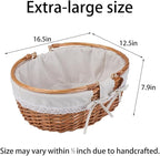 Large Wicker Picnic Basket with Handles,Handle Sturdy Woven Body with Removable and Washable Lining,Outdoor Camping,Gift Packing,Garden Picking, Storage.White