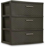 3 drawer wide woven storage cabinet, coffee colored