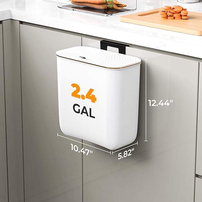 2.4 Gallon Hanging Trash Can - Small Under Sink Trash Can with Lid, Wall Mounted Garbage Bin for Kitchen & Bathroom Cupboard, Odor-Control, Extended Clamping Ring, White