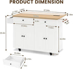 COCO DESIGN 60" Rolling Kitchen Cart with Power Strip & Drop Leaf, Thick Countertop, Large Storage Cabinet & Drawers, Mobile Island with Locking Wheels, Towel Rack and Spice Rack for Kitchen, White