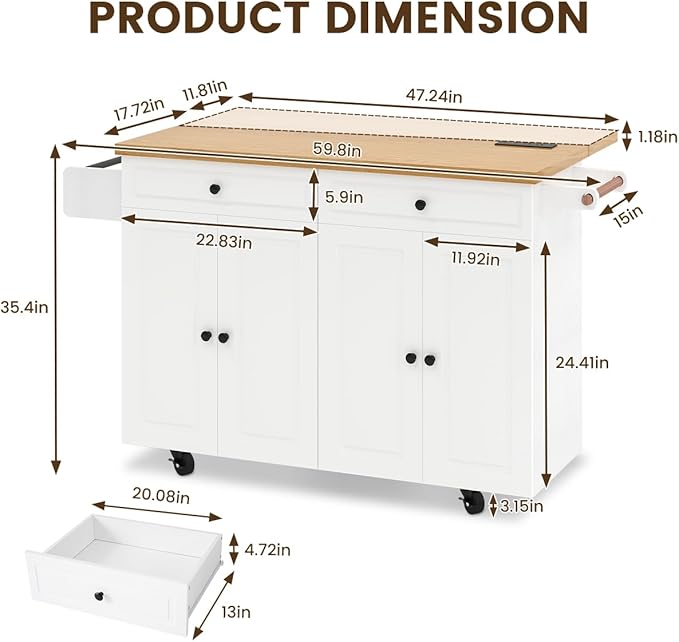 COCO DESIGN 60" Rolling Kitchen Cart with Power Strip & Drop Leaf, Thick Countertop, Large Storage Cabinet & Drawers, Mobile Island with Locking Wheels, Towel Rack and Spice Rack for Kitchen, White
